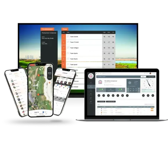 Three phones, TV screen and laptop displaying GPS golf course maps, scorecards and leaderboards from the VPAR Tournament Management System.