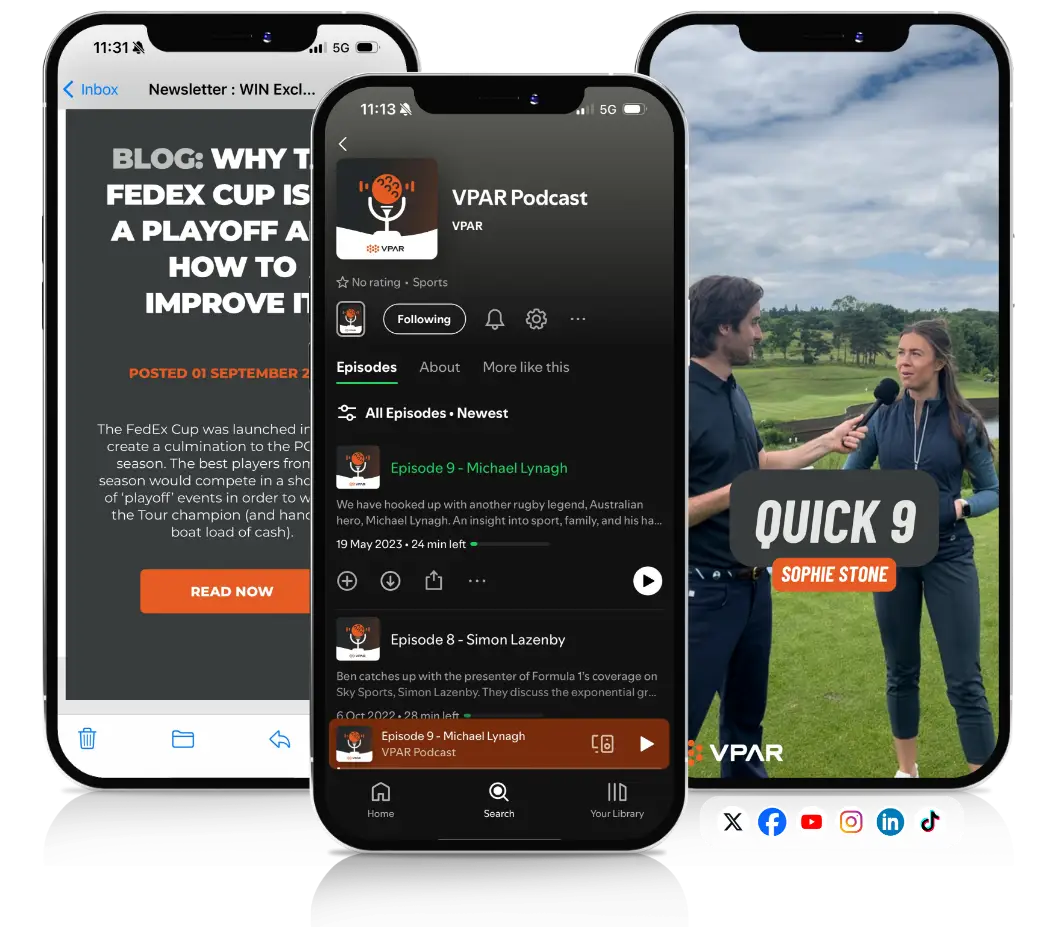 Group of three phones displaying VPAR blog, podcast and social content.