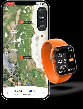Phone displaying a GPS golf course map from the VPAR golf app alongside a VPAR wearable - Apple smart watch.