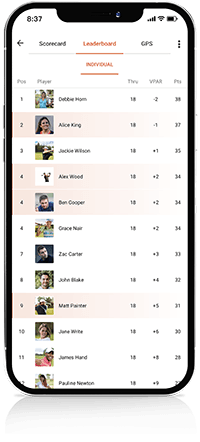 Phone displaying live leaderboards from the VPAR golf app.