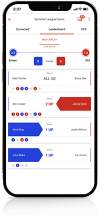 Phone displaying the matchplay feature within the VPAR golf app.