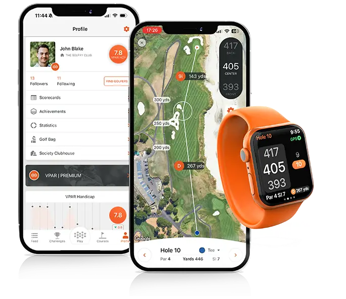 Two phones and an Apple Watch displaying VPAR Premium features including GPS and profile statistics.