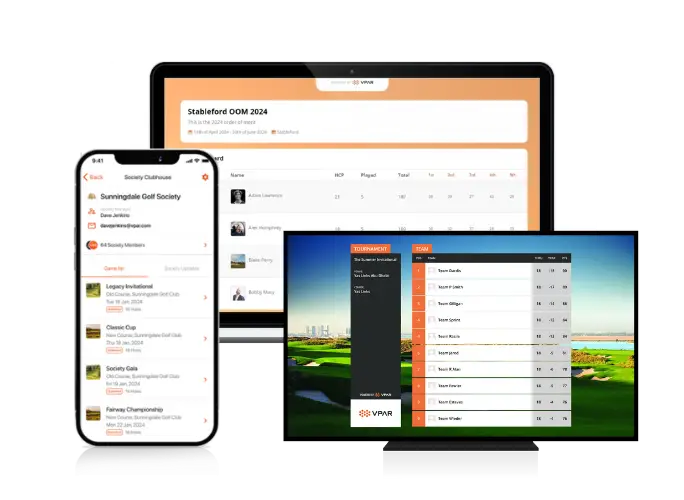 A phone, laptop and TV screen displaying VPAR golf society management software.