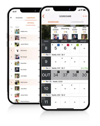 Two phones displaying scorecards and leaderboards from the VPAR golf app.